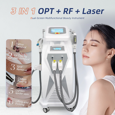 2つのスクリーン 3 in 1 多機能 RF フェイスリフティング Nd Yag レーザー タトゥー除去 OPT IPL 脱毛機